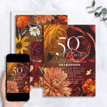 Convite 50 e Fabulosas Cores Sunset Escuras Molusas Florai<br><div class="desc">Comemore seu aniversário de 50 anos em estilo com este maravilhoso convite Floral de 50 e Fabulosa Cores Luminosas Escuras Escuras. Onde a sofisticação encontra a vibração feminina, este lindo layout mostra fotos de flores de rosa e jardim. Personalize completamente o seu convite adicionando detalhes pessoais escritos com a caligrafia...</div>