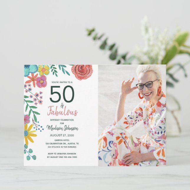 Convite 50 e fabulosas elegantes flores aquarela (Em pé/Frente)