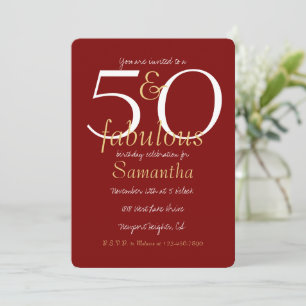 Convite 50 e Fabuloso 50º aniversário Dourado Vermelho