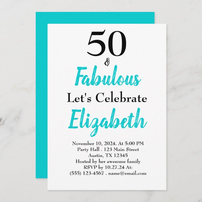 Convite 50 e Fabuloso Aniversário Azul Turquesa (Frente/Verso)