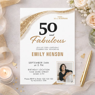 Convite 50 e Fabuloso Aniversário de 50 anos Dourado