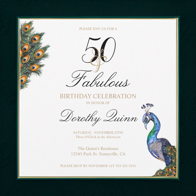 Convite 50 e Fabuloso Aniversário de Peacock de Aquarela E (Criador carregado)
