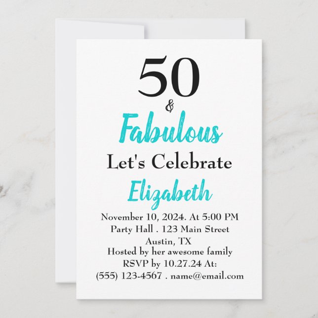 Convite 50 e Fabuloso aniversário de turquesa (Frente)