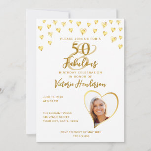 Convite 50 e Fabuloso aniversário Dourado e Branco Elegant