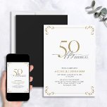 Convite 50 e fabuloso aniversário Dourado e branco preto<br><div class="desc">É seu aniversário especial de 50 anos, e é hora de comemorar! Você quer jogar o melhor baluarte na cidade? Certifique-se de que comece com o maior estilo com este 50 e Fabuloso Convite de Aniversário para Caligrafia Branca e Dourada. Certamente dará o tom para uma celebração glamourosa. Este belo...</div>