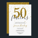 Convite 50 e Fabuloso aniversário Dourado e Negro<br><div class="desc">Este elegante script chic 50 e fabuloso convite de aniversário confetti estrelas douradas podem ser personalizados com os detalhes da sua festa de aniversário definidos no texto moderno. O reverso tem estrelas douradas confetti em um fundo de ouro complementar. Projetado por Thisnotme©</div>