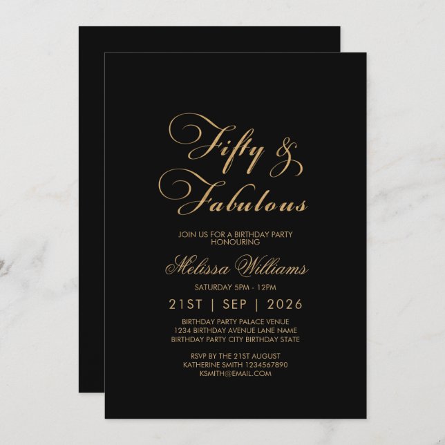 Convite 50 e Fabuloso aniversário Dourado Elegante Preto (Frente/Verso)
