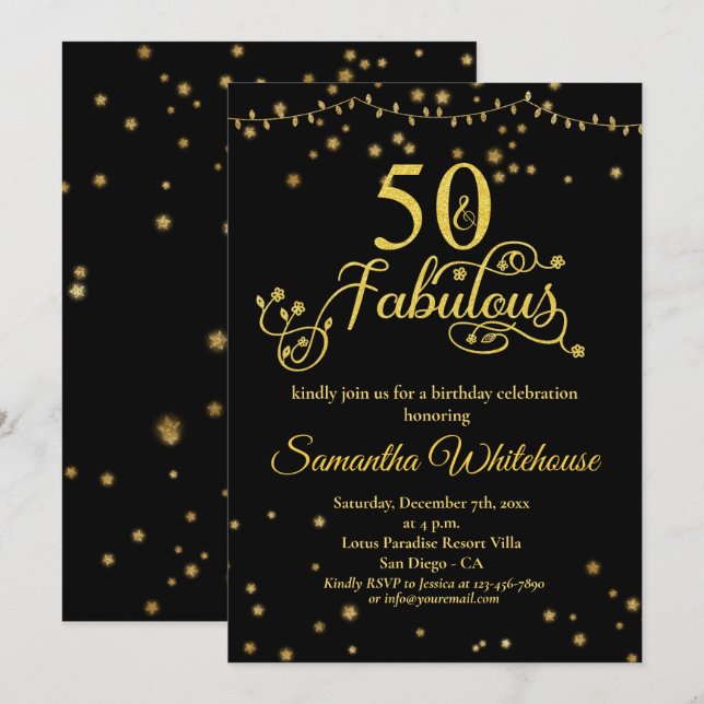 Convite 50 e Fabuloso    Aniversário Glitter Negro Dourado (Frente/Verso)
