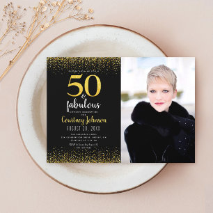 Convite 50 e fabuloso aniversário preto dourado brilho fot