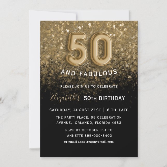 Convite 50 e Fabuloso Aniversário Preto e Dourado (Frente)