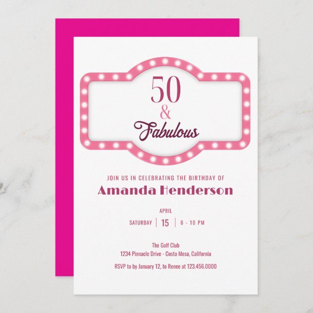 Convite 50 e Fabuloso aniversário rosa (Frente/Verso)