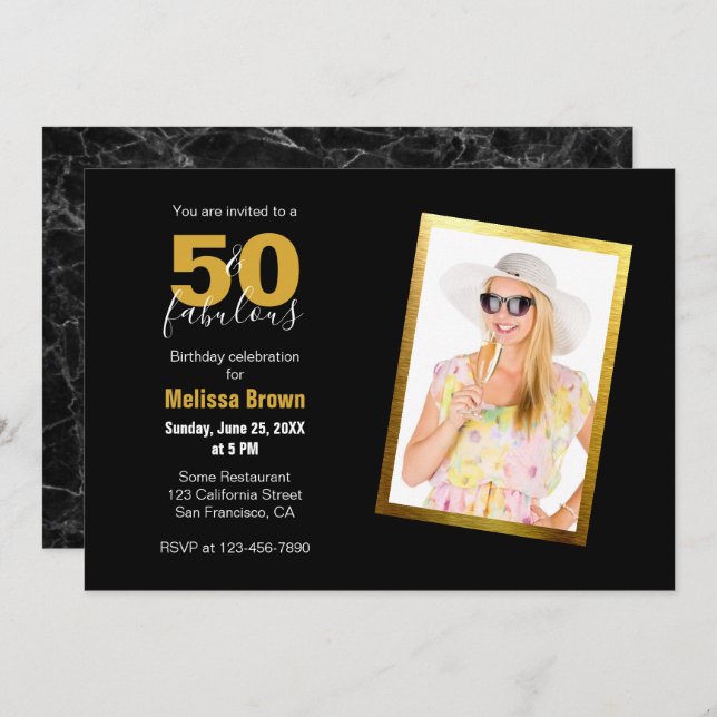 Convite 50 e Fabuloso Black Dourado Modern 50. Aniversário (Frente/Verso)