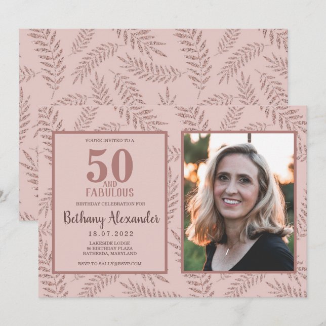 Convite 50 e Fabuloso Brilho Dourado Rosa (Frente/Verso)
