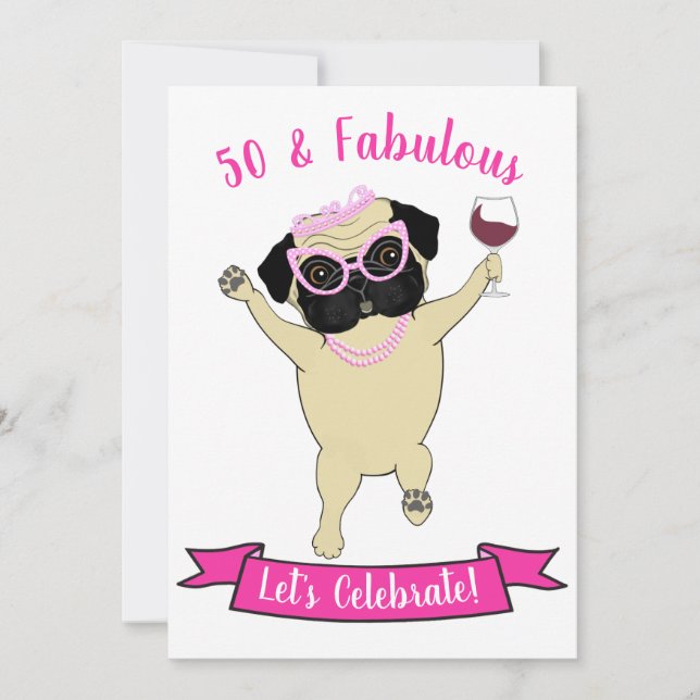 Convite 50 e Fabuloso Cachorro Engraçado Diva Pink Birthda (Frente)
