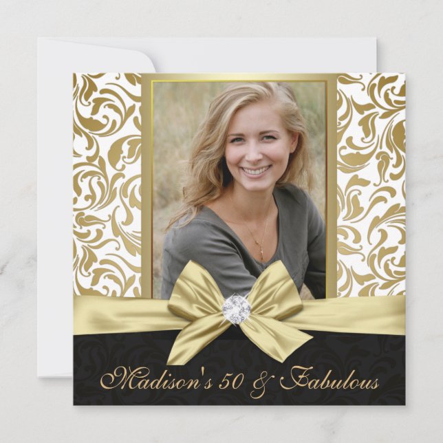 Convite 50 e Fabuloso damasco branco de ouro 50. Aniversár (Frente)