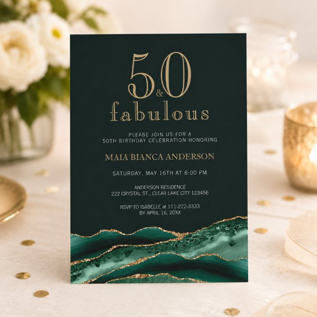 Convite 50 e Fabuloso Emerald Green Agate 50º aniversário (Emerald green agate invitation with elegant gold details for a fabulous 50th.)