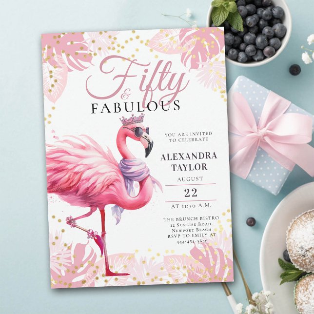 Convite 50 e Fabuloso Flamingo Rosa Funny 50º aniversário (50 and fabulous birthday invitation funny pink flamingo tiara watercolor)