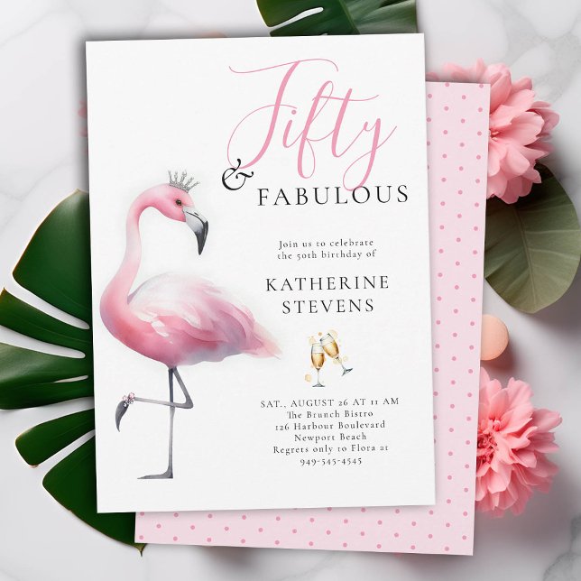Convite 50 e Fabuloso Flamingo Tiara, Cor-de-Rosa, 50º Ani (50 and fabulous birthday invitation funny pink flamingo tiara watercolor modern classy)