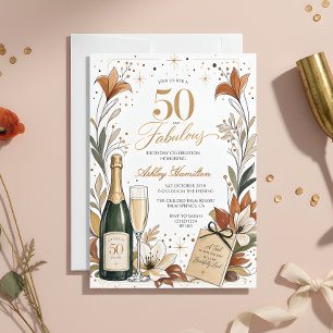Convite 50 e Fabuloso Floral Champagne Aniversário de 50 a