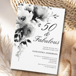 Convite 50 e Fabuloso Floral Preto e Branco Aniversário de