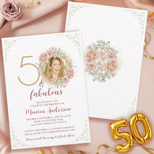 Convite 50 e Fabuloso Foto Dourado Floral Rosa de Aniversá