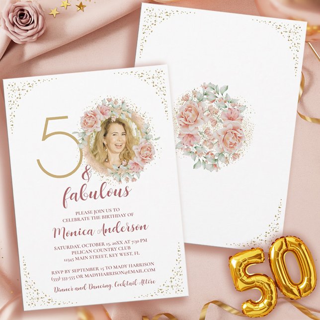 Convite 50 e Fabuloso Foto Dourado Floral Rosa de Aniversá (50 and Fabulous Pink Floral Gold Photo Birthday Invitation)