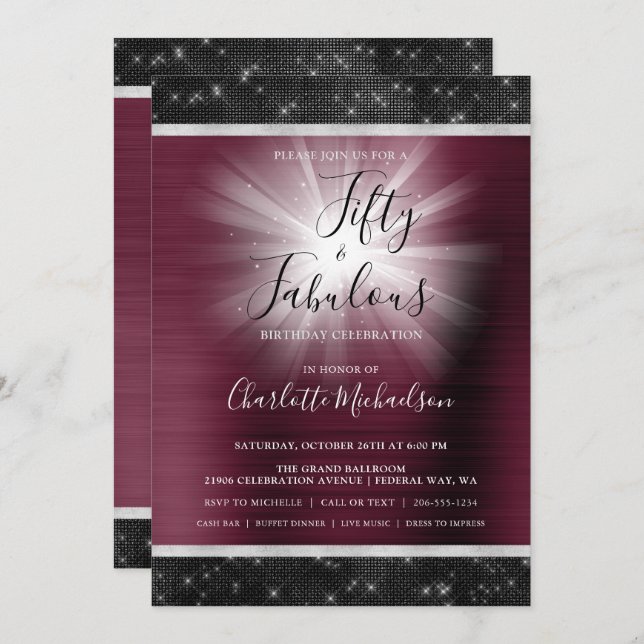 Convite 50 e fabuloso Grelha Negra Brilhante (Frente/Verso)