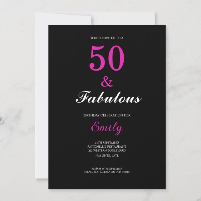 Convite 50 e Fabuloso Preto Rosa Aniversário (Frente)