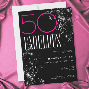 Convite 50 e Fabuloso Preto Rosa Glam Brilho Aniversário