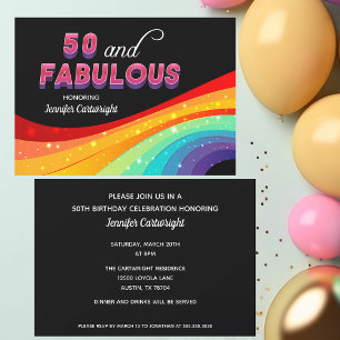 Convite 50 e Fabuloso Rainbow Sparkle Pink Text Aniversár