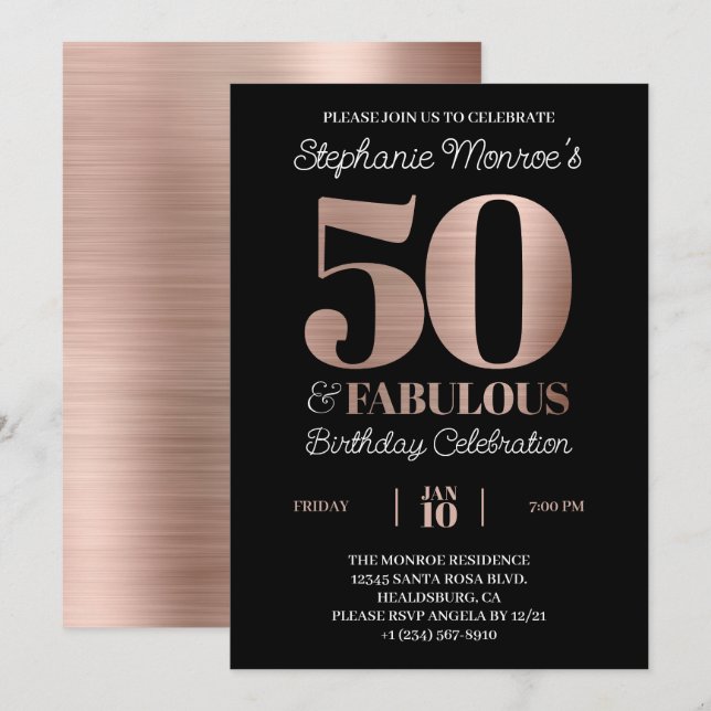 Convite 50 e Fabuloso Rosa de Tipografia Dourada Aniversár (Frente/Verso)