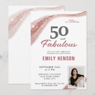 Convite 50 e Fabuloso Rosa Dourado Aniversário de 50 anos