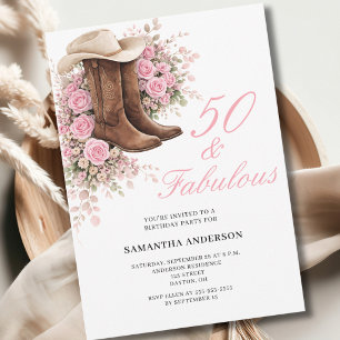 Convite 50 e Fabuloso Rosa Floral Western Aniversário de 5