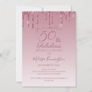 Convite 50 e Fabuloso Rosa Ouro Brilhante Gotejando Glitte