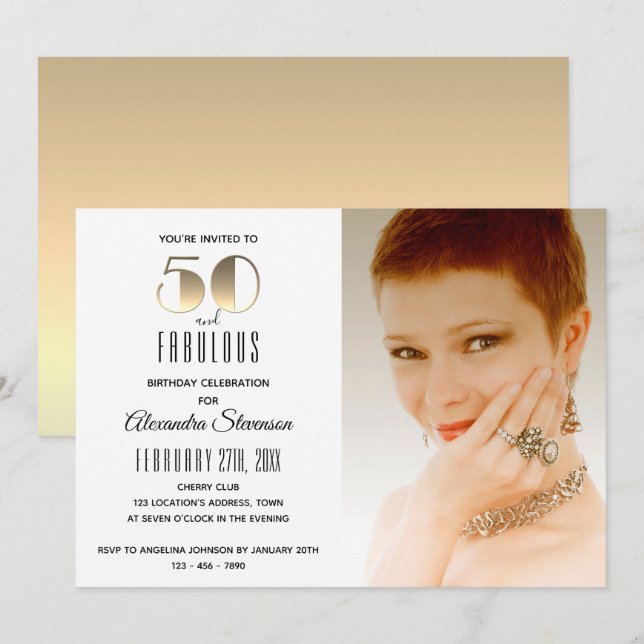 Convite 50 e Fabuloso Simples Elegante Dourado Aniversário (Frente/Verso)