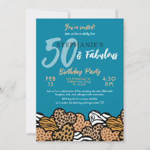 Convite 50 e Fabuloso Teal Wild Hearts Cinquenta Aniversár