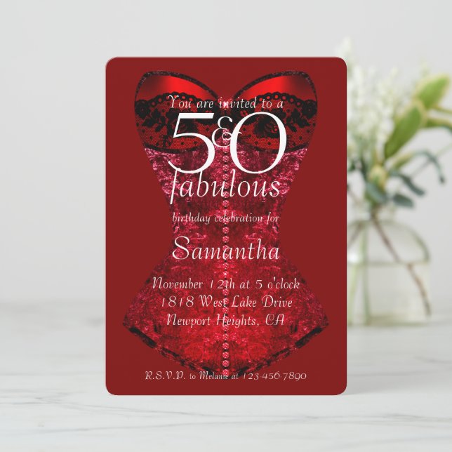 Convite 50 e Fabulosos Corset Vermelho de Aniversário (Em pé/Frente)