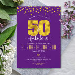 Convite 50 e fabulosos pontos de folha de ouro de aniversá<br><div class="desc">"50 e fabuloso." Adquira-o e levante-o em 50 com estilo! Envie esta estonteante, moderna, falso folha de ouro gráfico "50" e pontos em fundo roxo, 50 anos de aniversário, convite personalizado para uma celebração a lembrar. Os pontos Dourados adoram as costas. Também estão disponíveis envelopes de coordenação, etiquetas, placas de...</div>