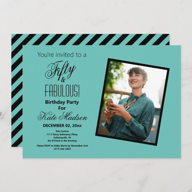 Convite 50 e FABULOUS Foto Preta de Teal Festa de aniversá (Frente/Verso)