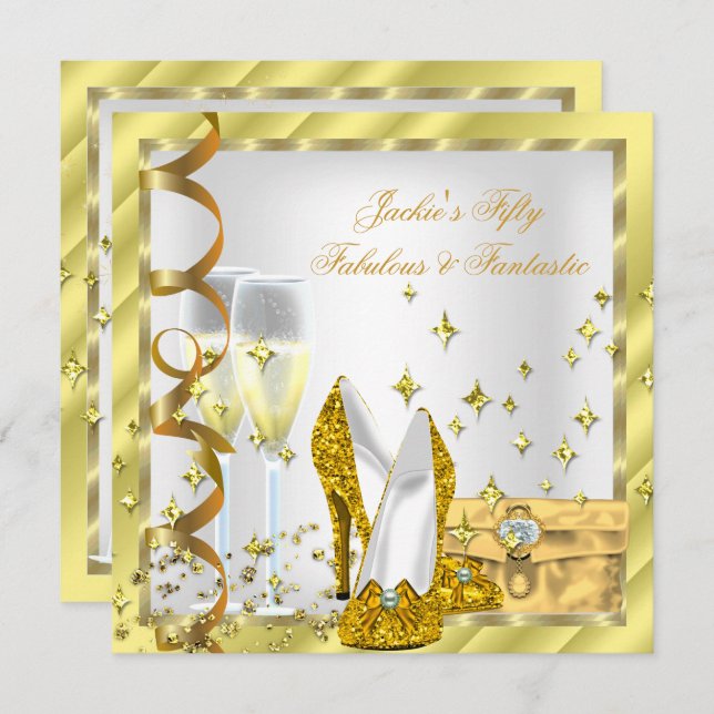 Convite 50 e fantástico aniversário Dourado Amarelo branco (Frente/Verso)