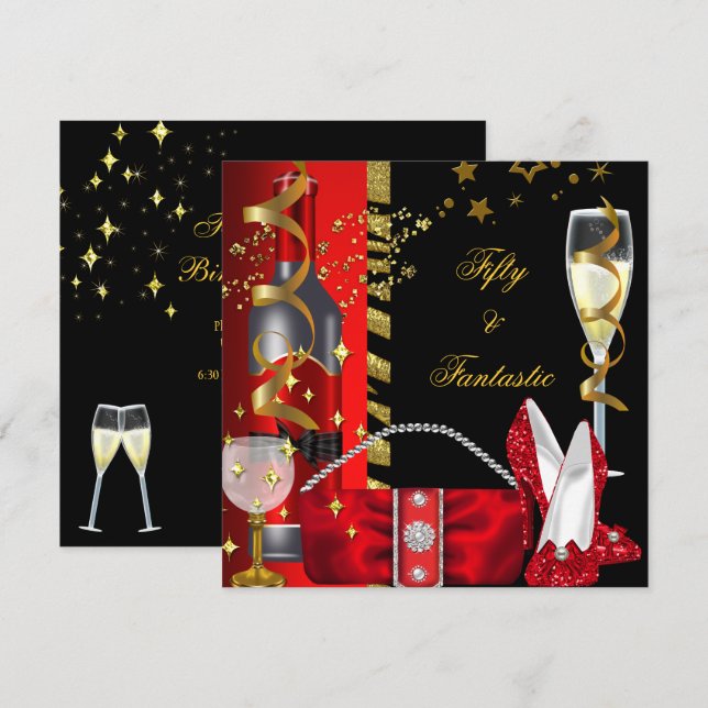 Convite 50 e Festa de aniversário Dourada Vermelha Fantást (Frente/Verso)