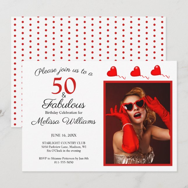 Convite 50 e Foto Fabulosa Vermelho 50. Aniversário com Ve (Frente/Verso)
