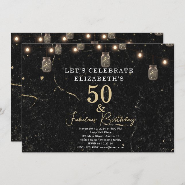 Convite 50 e Luzes Douradas Fabulosas de Mason Jar Marble  (Frente/Verso)