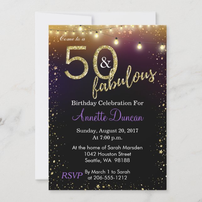 Convite 50 e luzes e festa de aniversário fabulosas das (Frente)