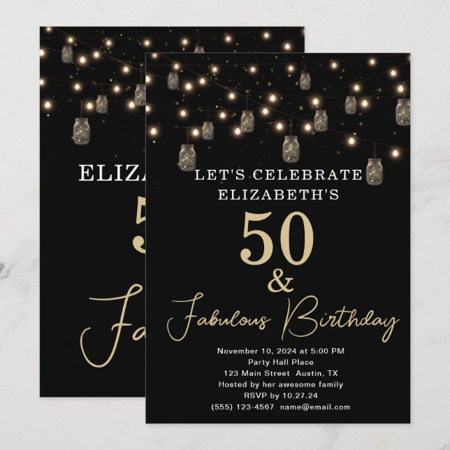 Convite 50 e preto fabuloso com luzes de cordas (Frente/Verso)