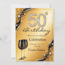 Convite 50 Elegante Diamante Preto Dourado Aniversário