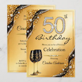 Convite 50 Elegante Diamante Preto Dourado Aniversário