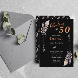 Convite 50 & Fab Aniversário de 50 anos Preto Laranja Boho