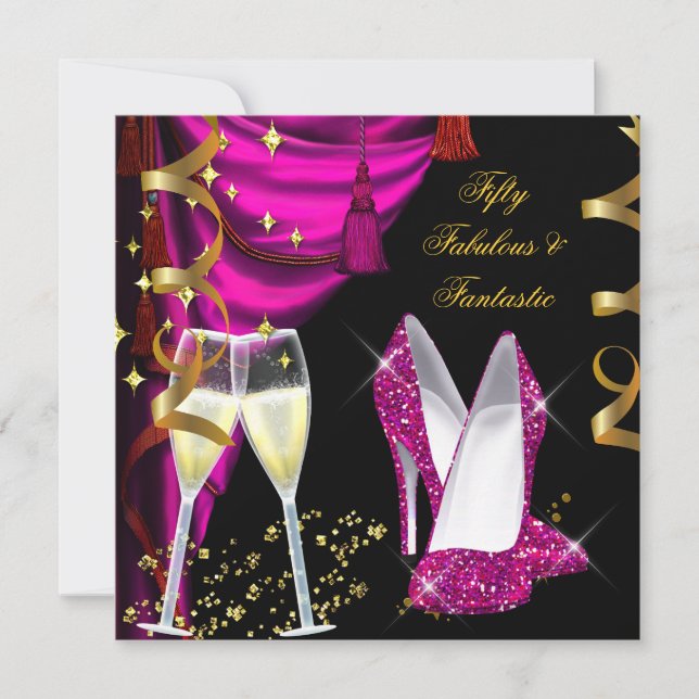 Convite 50 Fabulosas e Fantásticas Festas com Champanhe Ro (Frente)