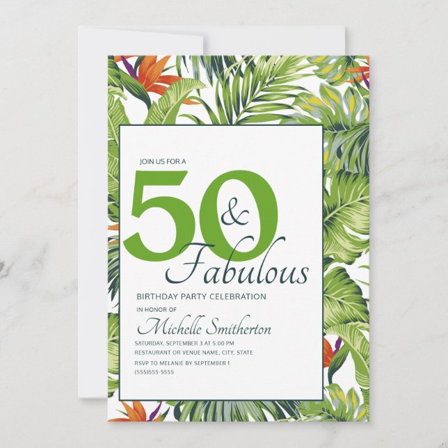 Convite 50 Fabulosas Folhas Tropicais de Aniversário Rosa  (Frente)